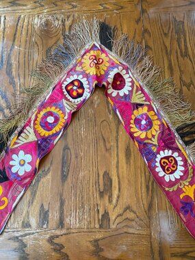 Antique Textile Traditional Uzbekistan Lakai Silk Embroidered Segusha With Fring